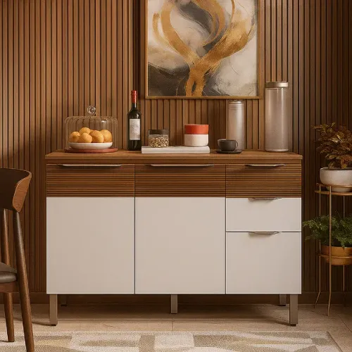 Balcão Paraná Ripado off white com tampo (EM ESTOQUE)