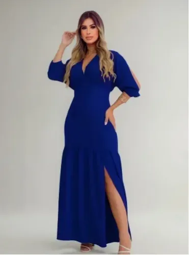 Vestido Longo Princesa Com Fenda Manga 3/4 Elegante Premium
