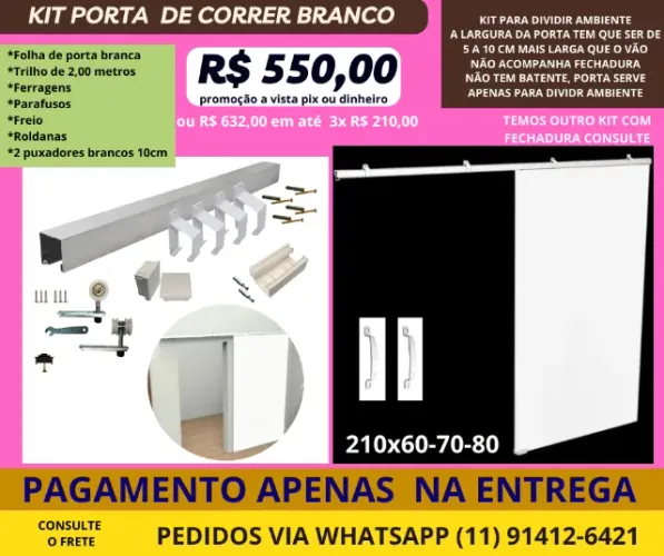 kit completo de porta de correr branca primer 2.1x60-70-80-