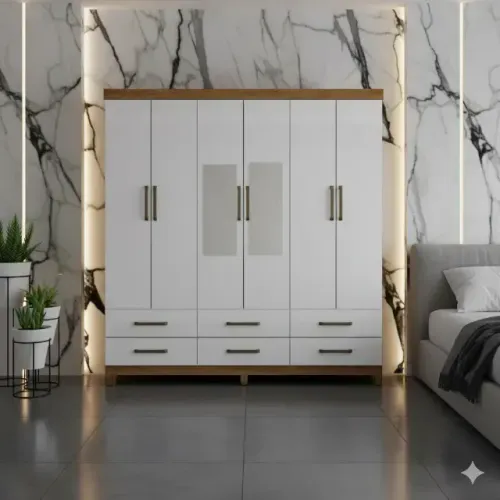 Guarda-Roupa Dallas Cinamomo/Branco com Espelho | 6 Portas