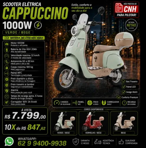 Scooter Elétrica New E-Bike Cappuccino 1000W Lítio 60V 20Ah NFC Verde/Bege