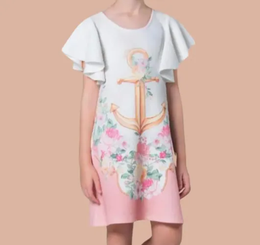 Vestido Infantil Branco e Rosa Âncora Petit Cherie 