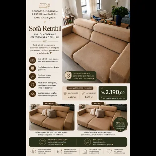 Sofá retrátil 3 lugares 2,30m X 1,08m (fechado)