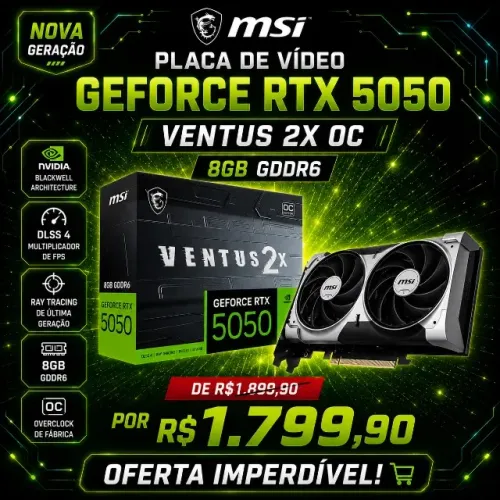  Placa de Vídeo MSI GeForce RTX 5050 8G VENTUS 2X OC , 8GB GDDR6,(Nova/Garantia)