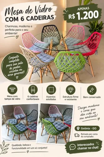 Mesa de Vidro com 6 Cadeiras - Linda e Bem Conservada