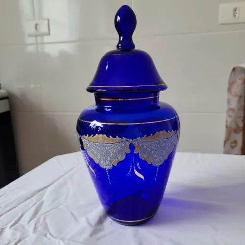 bomboniere antiga azul cobalto e dourada | vintage