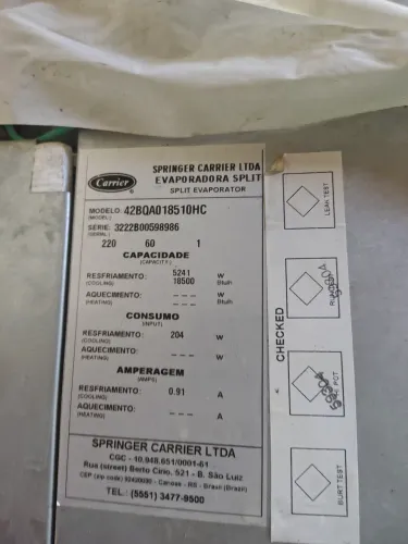 Ar condicionado 18.000 BTUs Duto