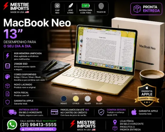 MacBook Neo 13 polegadas 8GB RAM 256GB SSD - Novo - Nota Fiscal