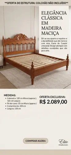 Cama de Casal em Madeira Maciça Trabalhada - Estilo Clássico e Elegante