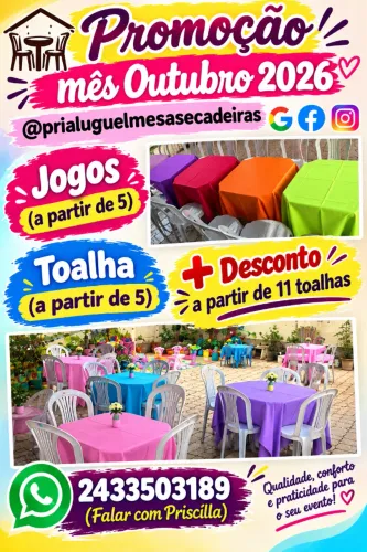 Aluguel de mesas, cadeiras, toalha e caixa térmica.