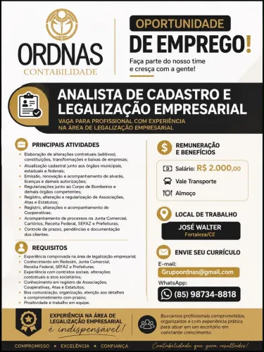 ANALISTA DE CADASTRO E LEGALIZAÇÃO EMPRESARIAL