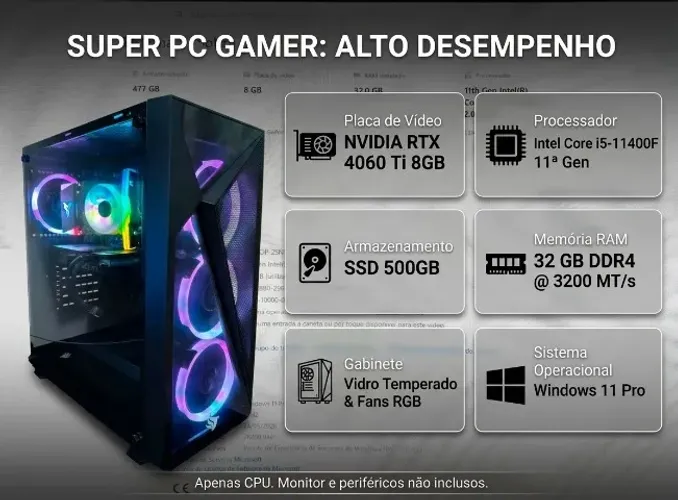 * PC GAMER DE ALTO DESEMPENHO: RTX 4060 Ti + 32GB RAM *