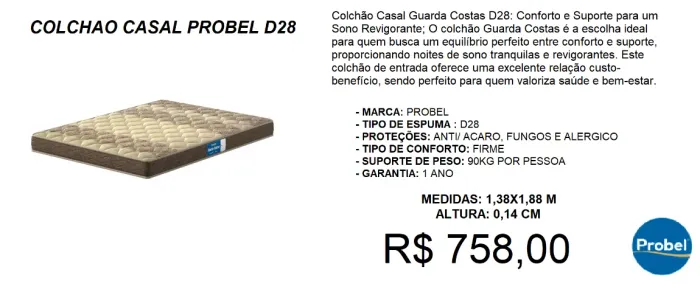 Colchão PROBEL casal D28- Entrega GRATIS-Super promoção