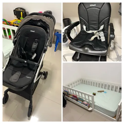 Kit infantil - cama, cadeirinha de alimentação e carrinho dobrável 