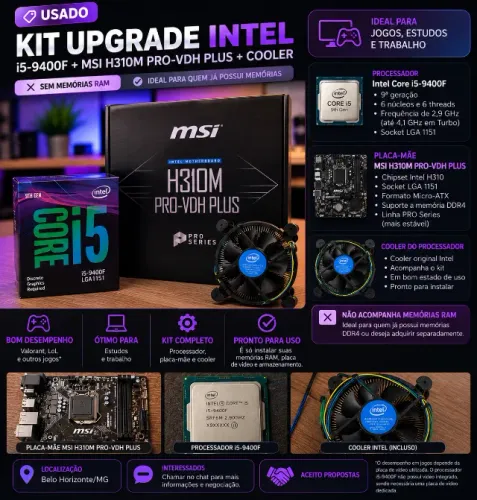 KIT UPGRADE GAMER i5-9400F + MSI H310M + COOLER ORIGINAL INTEL