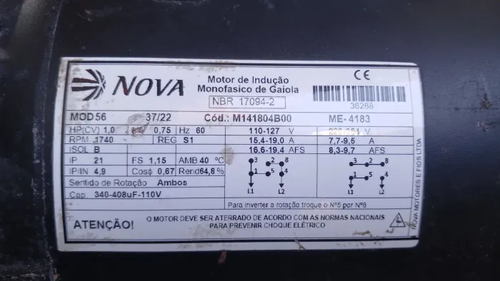 Motor 1cv 1700 RPM 220 volts original de fabrica