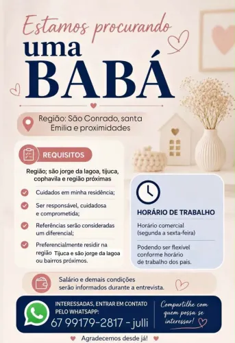 CONTRATA-SE BABÁ COM DISPONIBILIDADE 