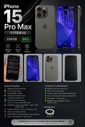 iPhone 15 Pro Max 256GB Cinza titânio | Excelente estado | 84% Bateria | 