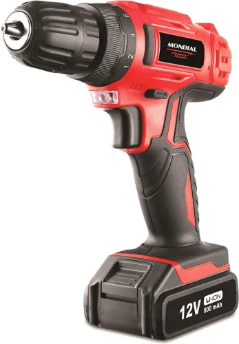 Furadeira e Parafusadeira à Bateria Mondial, 12V, Vermelho | Bivolt