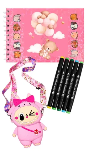 Livro Colorir Ursinho Canetinhas E Bolsa Inspirado Labubu Silicone