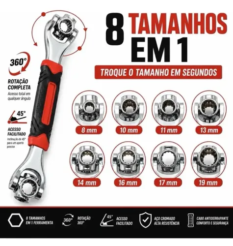 Chave Ajustável Universal 8 Em 1 Aço Carbono Rotativa 360°