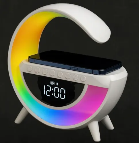 Caixa de Som LED com Relógio, Rádio e Carregamento Wireless