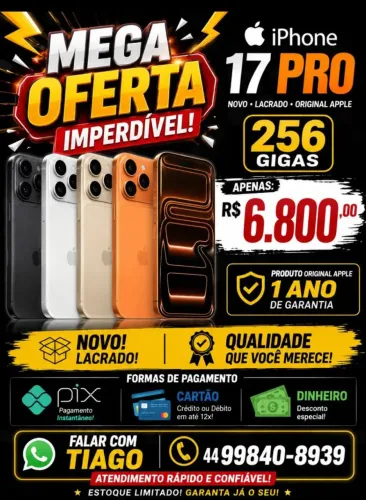 Vende_se , iPhone 17 pro, lacrado novo na caixa, garantia 1 ano Apple, 6.800$