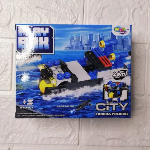 Bloco De Montar Veiculos Policia Wb7711 2em1 54pçs Play Box - Lancha Policial