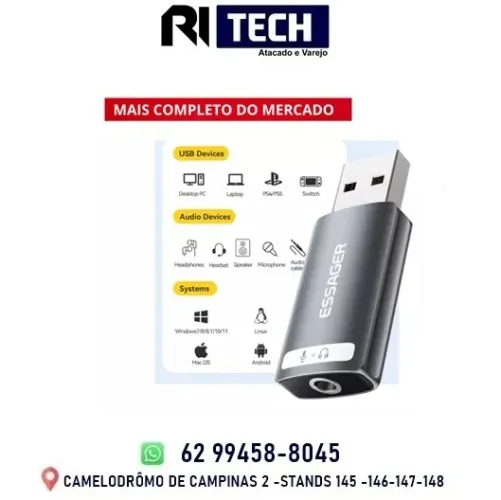 Adaptador De Áudio Usb Essager 1 Portas Placa De Som 3.5mm PC Notebook Ps4