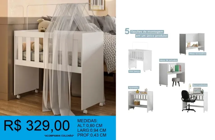 Mini Berço Multifuncional com 5 Opções de Montagem!