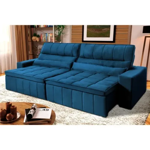 Sofá Retrátil Reclinável Supremo Suede Velut Na Cor Azul