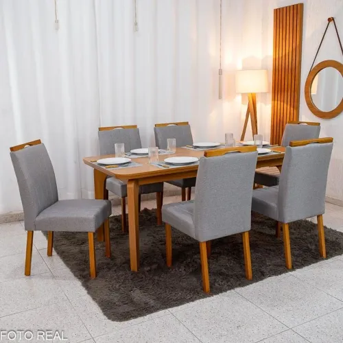 Mesa de Jantar Londrina 180x90 Tampo Vidro + 6 Cadeiras Madeira