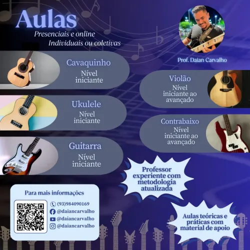 Aulas presenciais e online de Violão, guitarra, contrabaixo, cavaquinho e ukulele