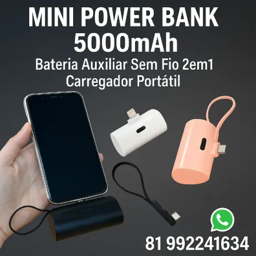 mini power bank 5000mAh  Carregador Portátil  Plug & Play para iPhone e tipo c