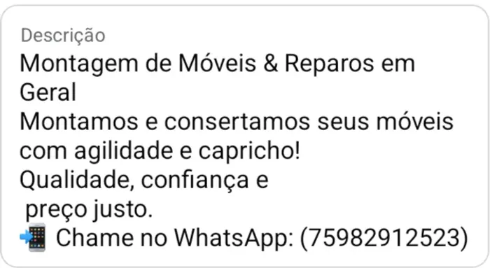 Montagem de Móveis & Reparos em Geral Montamos e consertamos seus móveis com agilidade .