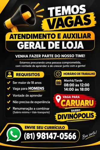 Vaga para Atendimento e Auxiliar Geral de Loja (Vaga para Homens)