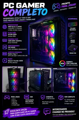 PC Gamer Completo Ryzen 5 3400G + 16GB RAM + SSD 480GB + Kit Gamer RGB