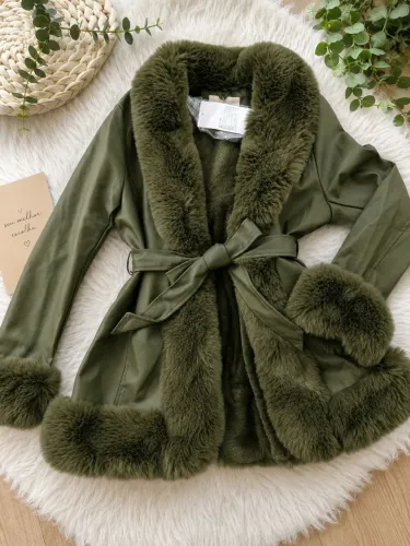 Casaco feminino de courino forrado com pele, inverno