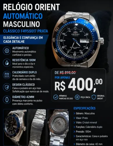 Relógio Orient F49SS017 Prata, preto e Azul