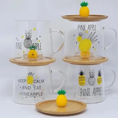 Caneca xícara vidro Pine Apple Tampa Bambu 350ml