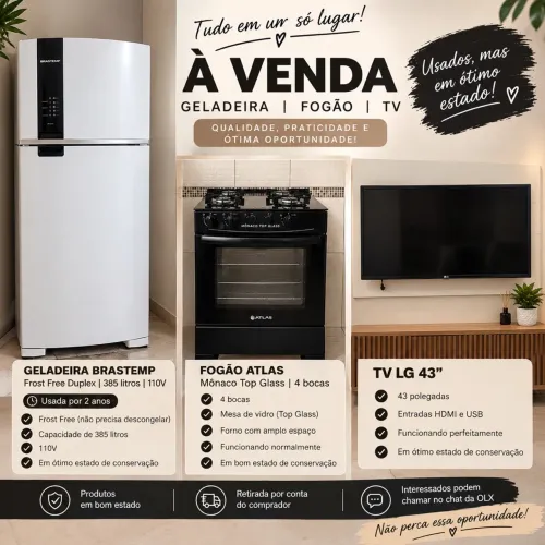 Kit Eletrodomésticos: Geladeira + Fogão + TV - Usados