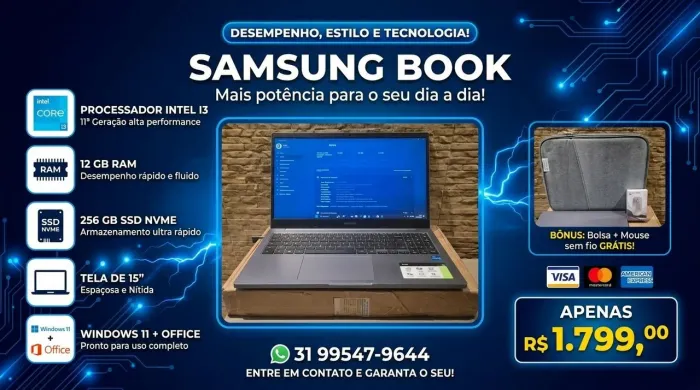 Notebook Samsung Book - Core i3 11ª Ger / 12GB RAM / 256GB SSD NVMe (Revisado)