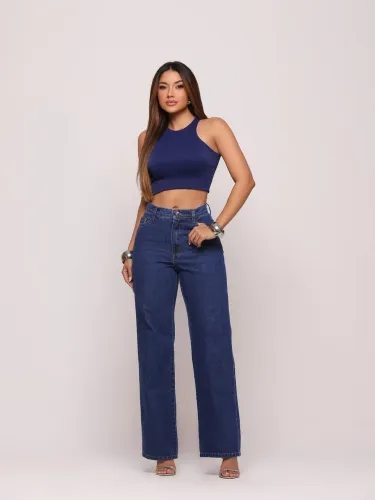 Calça wide leg jeans feminina, marmorizada, sem lycra, 100% algodão, cintura alta
