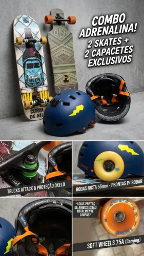 COMBO ADRENALINA MÁXIMA: Longboard Cush + Skate Cruiser + 2 Capacete (Pronto p/