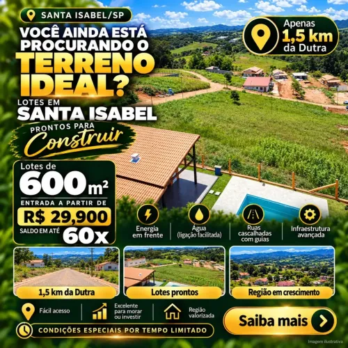 ACEITAMOS VEÍCULOS! TERRENO DE 600 M² EM SANTA ISABEL!