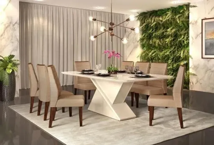 Mesa de Jantar com Tampo de Vidro Off-White + 8 Cadeiras Estofadas no Bege