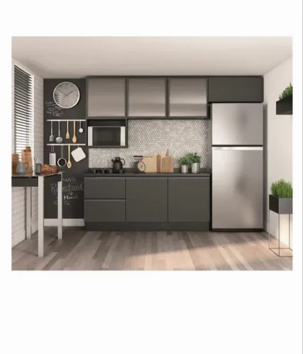 Cozinha Completa Bartira Linea com 6 Portas, 3 Gavetas, Portas de Vidro e Nicho