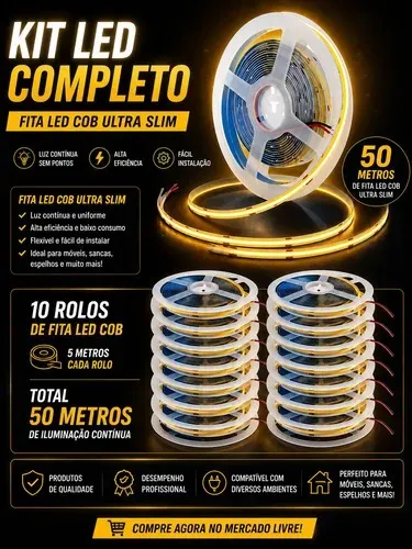 Kit 50 Metros Fita Led Cob 12v 320 Leds/m Alta Luminosidade