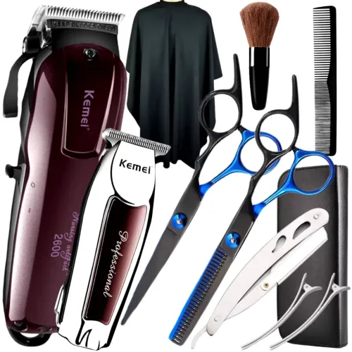 Kit de Cortar Cabelo  Tesouras Profissionais Para Barbeiro  Navalha Capa Maquinas.