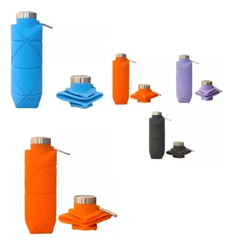 GARRAFA DE ÁGUA DE SILICONE DE 700ML, CORES: ROXA, AZUL E LARANJA.